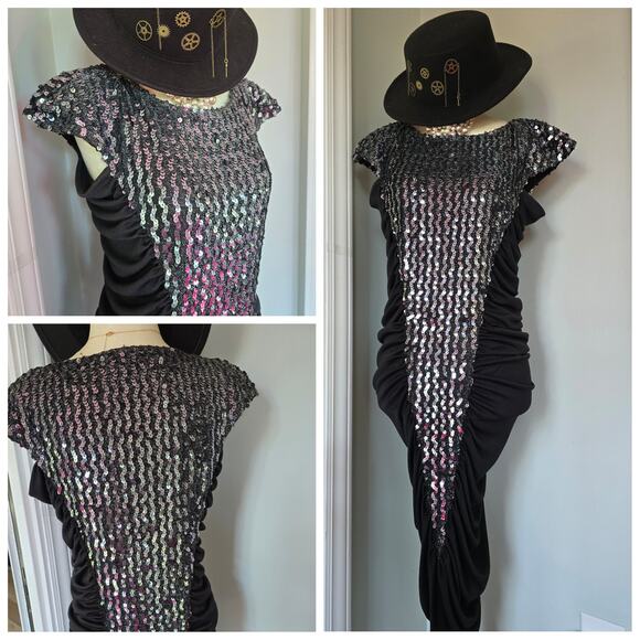 Vintage Climax Dress David Howard Sequin Bodycon ruched side flutter sleeves - Picture 1 of 9